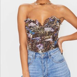 3/$15 PrettyLittleThings Tan Leopard Butterfly Mesh Bandeau Bodysuit, Sz EU 8 …